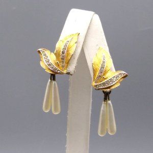 Vintage Vendome Brushed Leaf Earrings with Elongated Teardrop Pearl Dangles